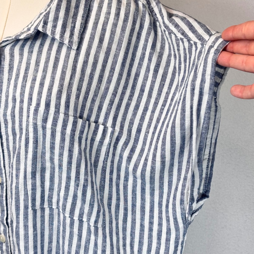 VTG Orvis Button Up Shirt Blue White Striped Linen Coastal Nautical Beach XL - Picture 5 of 12